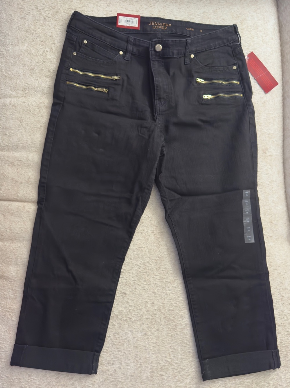 NWT Jennifer Lopez Black Mid Rise Capri Jeans Size 16 Gold Zipper Detail